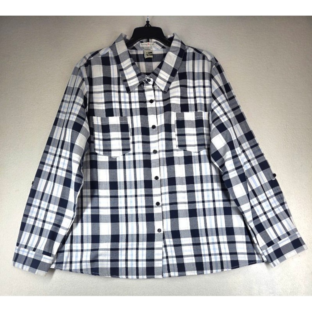 Hasting & Smith Women 2X Navy White Plaid Cotton Roll Tab Sleeve Button Up Shirt